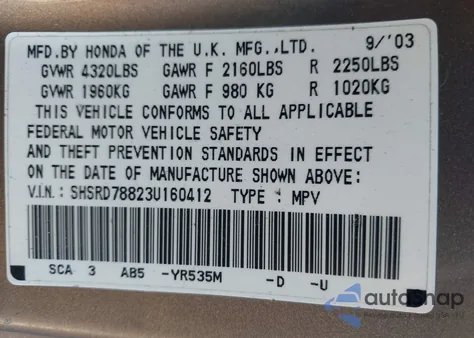 2003 Honda Cr-V Ex from USA, damaged, VIN SHSRD78823U160412